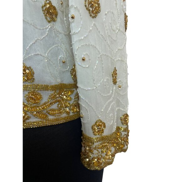 Mark & John Vintage White & Gold Sequined Beaded Jacket With Floral Design Sz XL - Picture 6 of 12